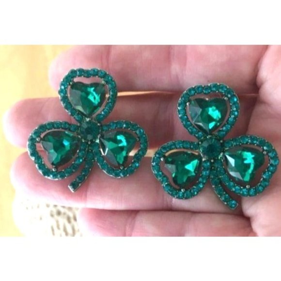 Shamrock Earrings Green Austrian Crystals Hearts Posts New St Patrick's … - Picture 8 of 11